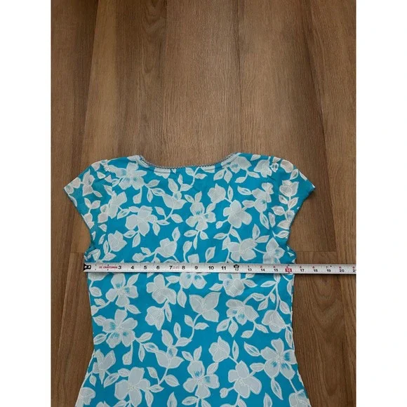 Vintage Turquoise Floral Mesh Babydoll Top Y2K Cap Sleeve XL tropical goingout - Picture 5 of 6